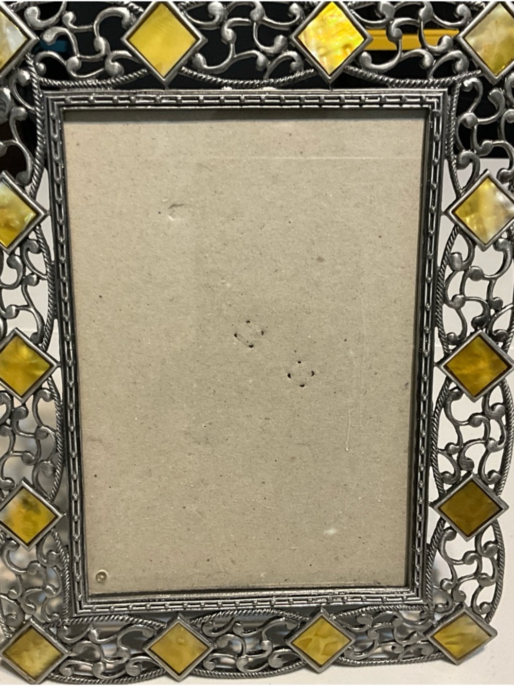 Ornate Silver Picture Frame with Yellow Tile Accents